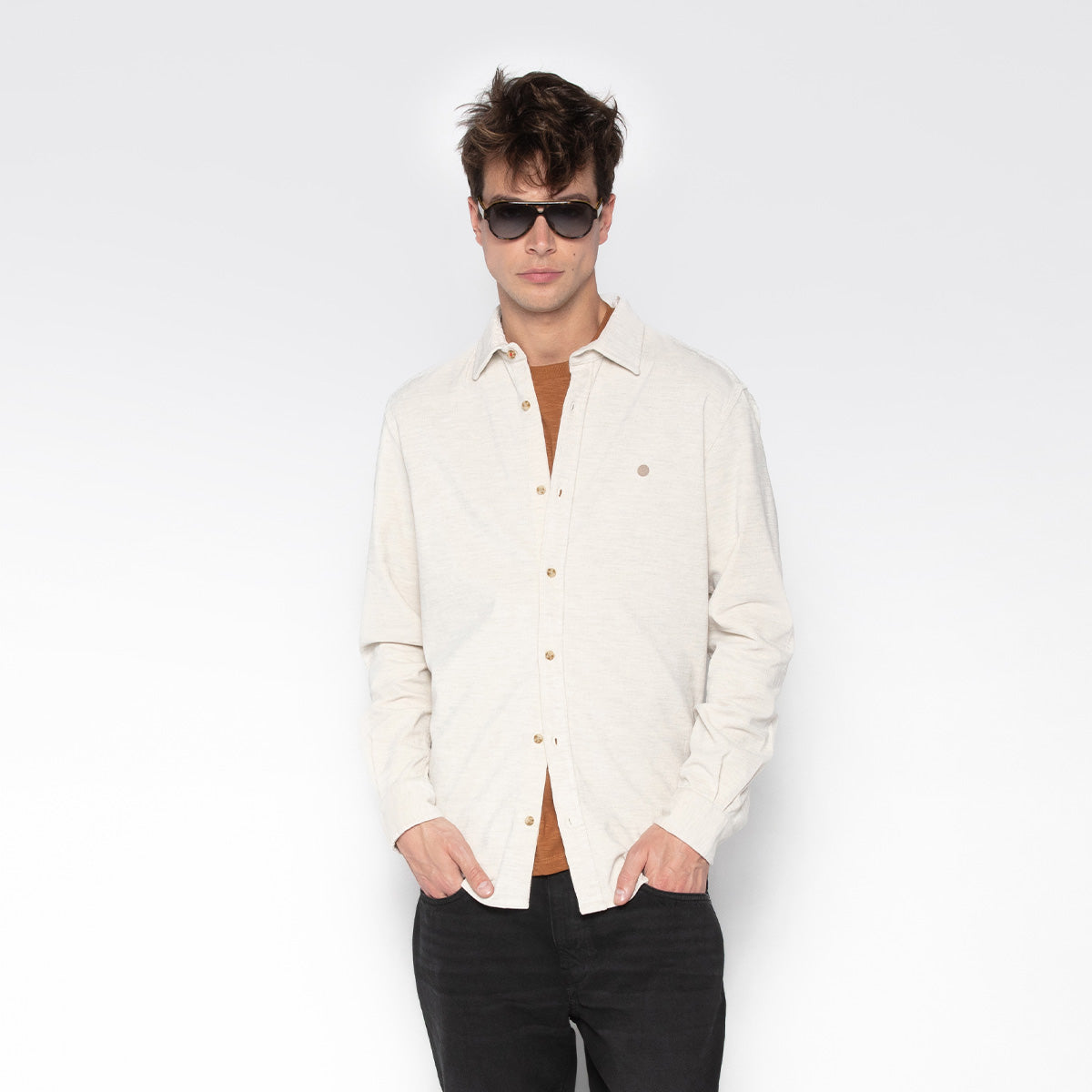 Chemise manches longues en coton velours blanc ivoire Charles Homme SERGE BLANCO
