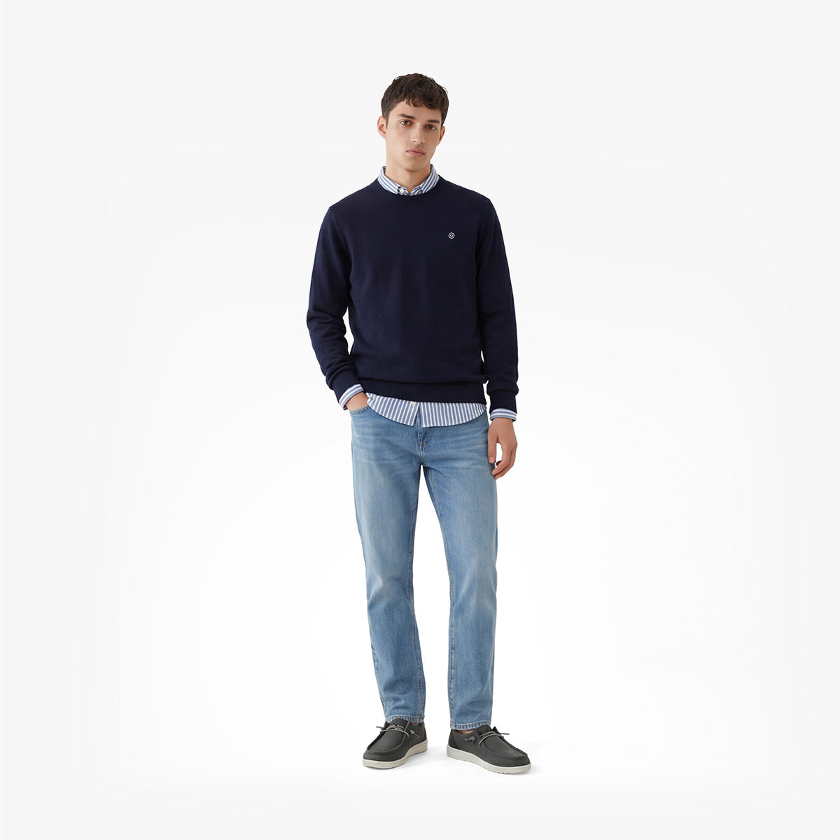 Maximus trui met ronde hals van katoen en wol in marineblauw