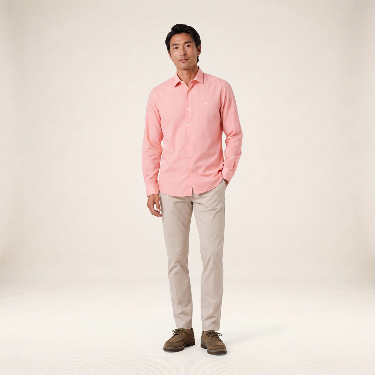 Chemise manches longues coton stretch rose