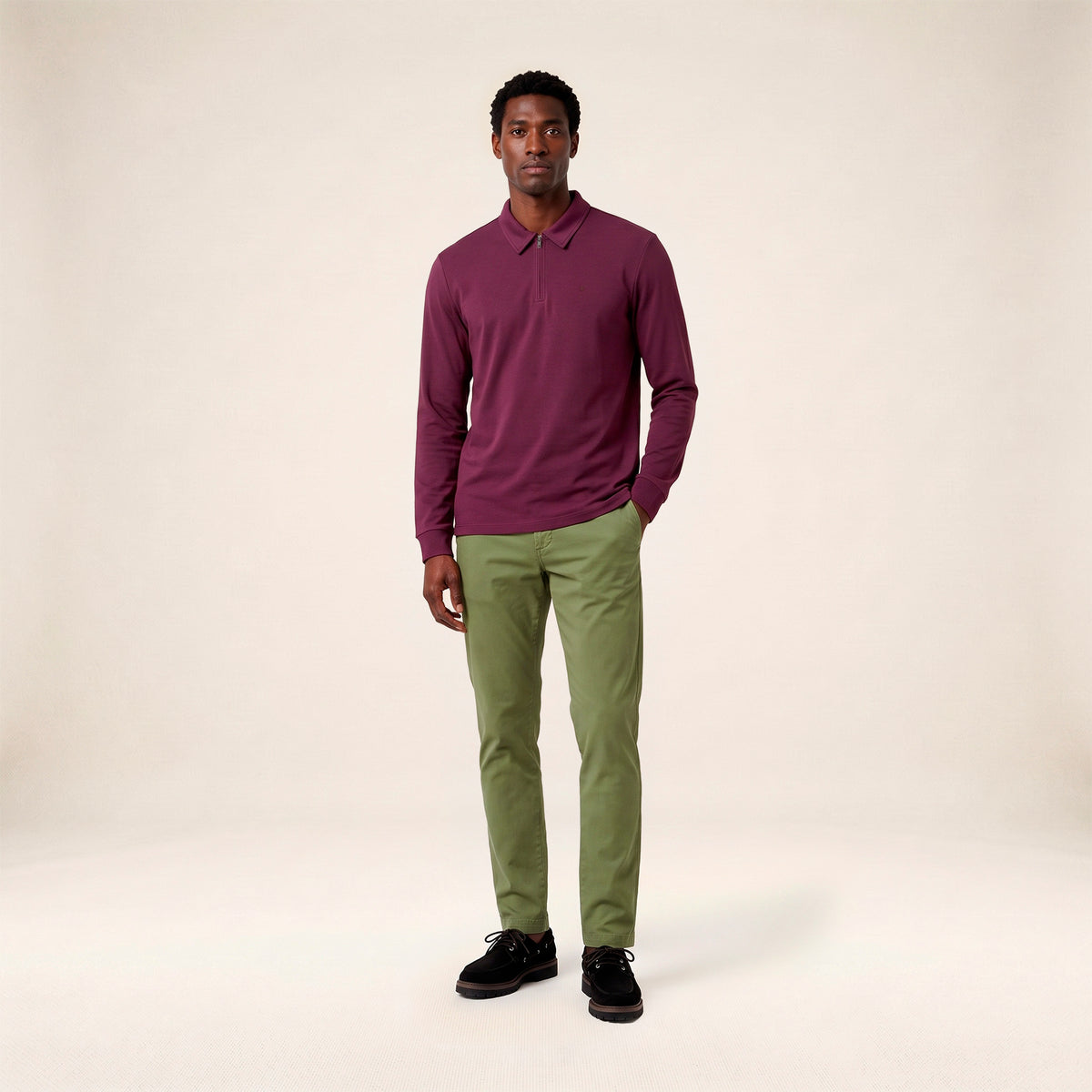 Pantalon coupe confort coton stretch vert thym 702