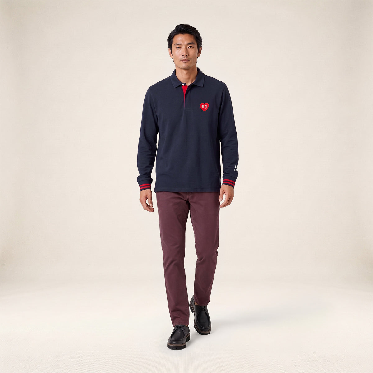 Polo da rugby a maniche lunghe con stemma in cotone bouclé blu navy scuro