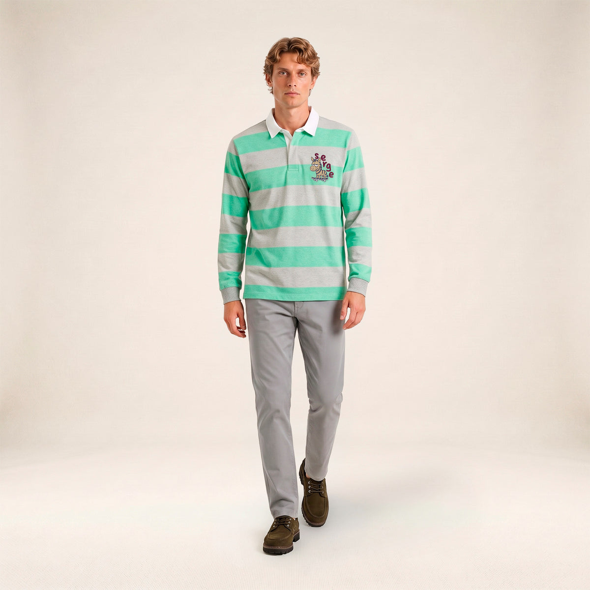 Polo rugby manches longues rayé coton gris brodé Funky Animals