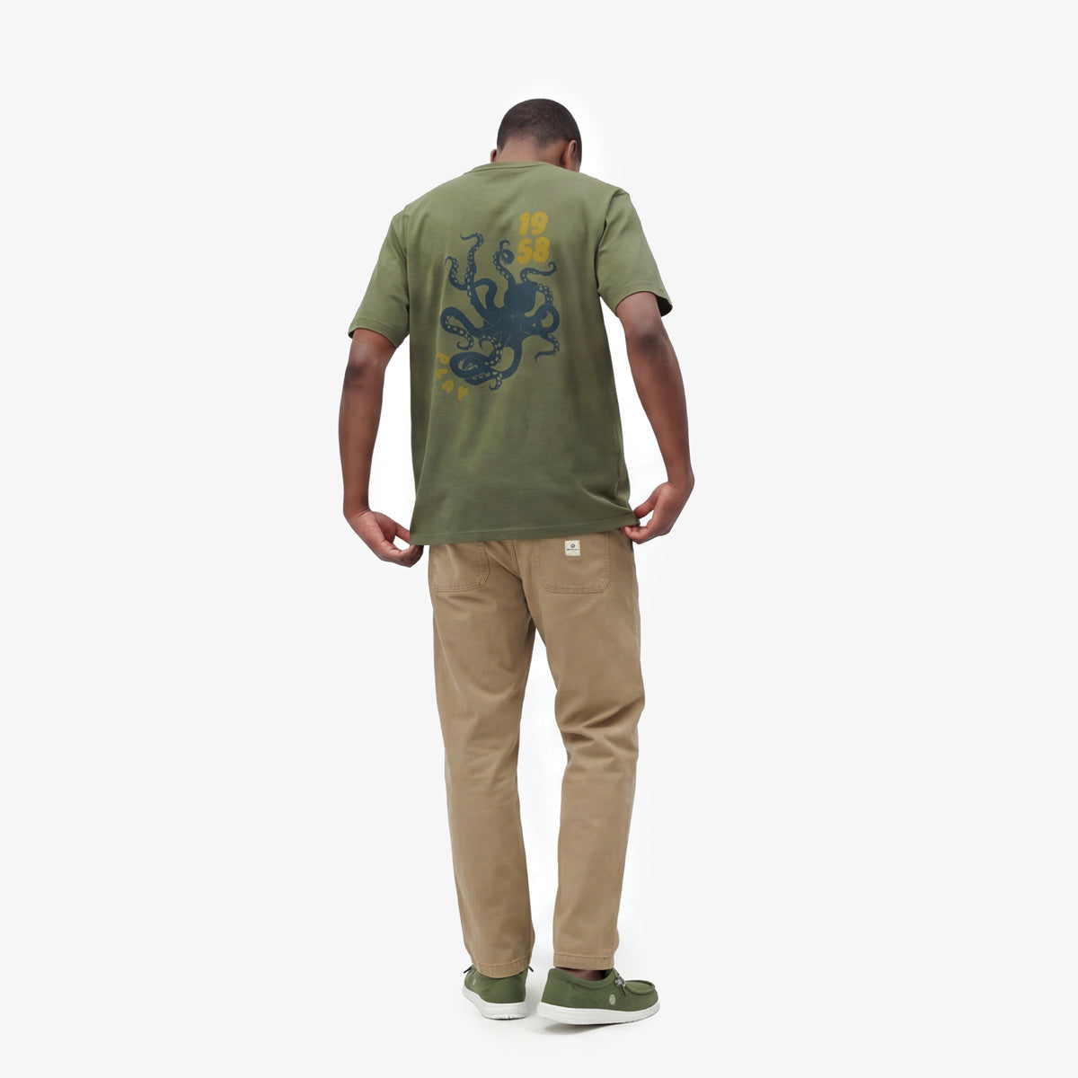 T-shirt col rond vert militaire en coton imprimé dos pieuvre