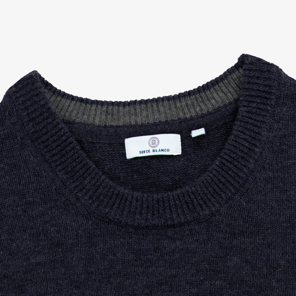 Pull col rond en maille jersey de laine bleu marine