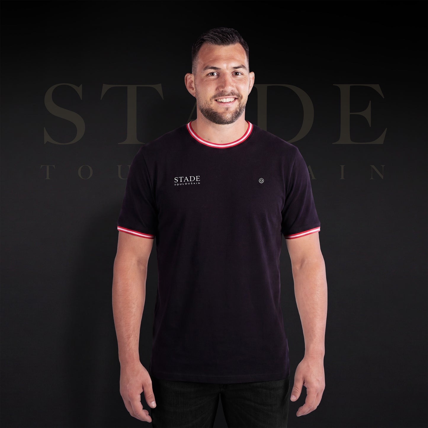 T-shirt manches courtes noir en coton col et manches liserés Stade Toulousain