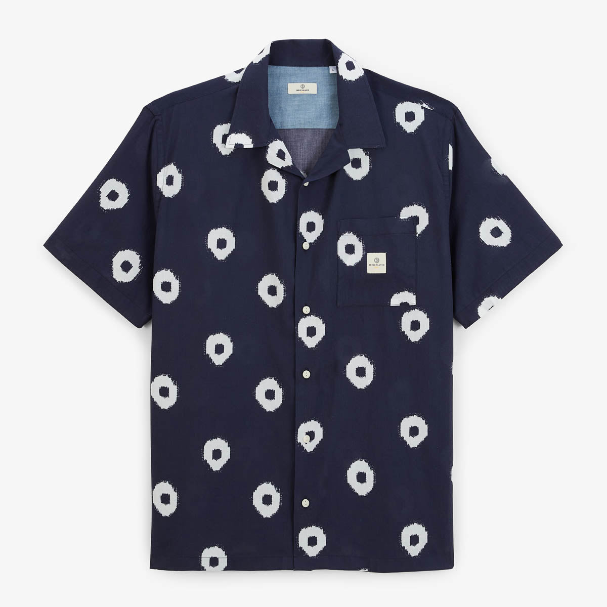 Navy blue short-sleeve cotton shirt with Japanese print – SERGE BLANCO