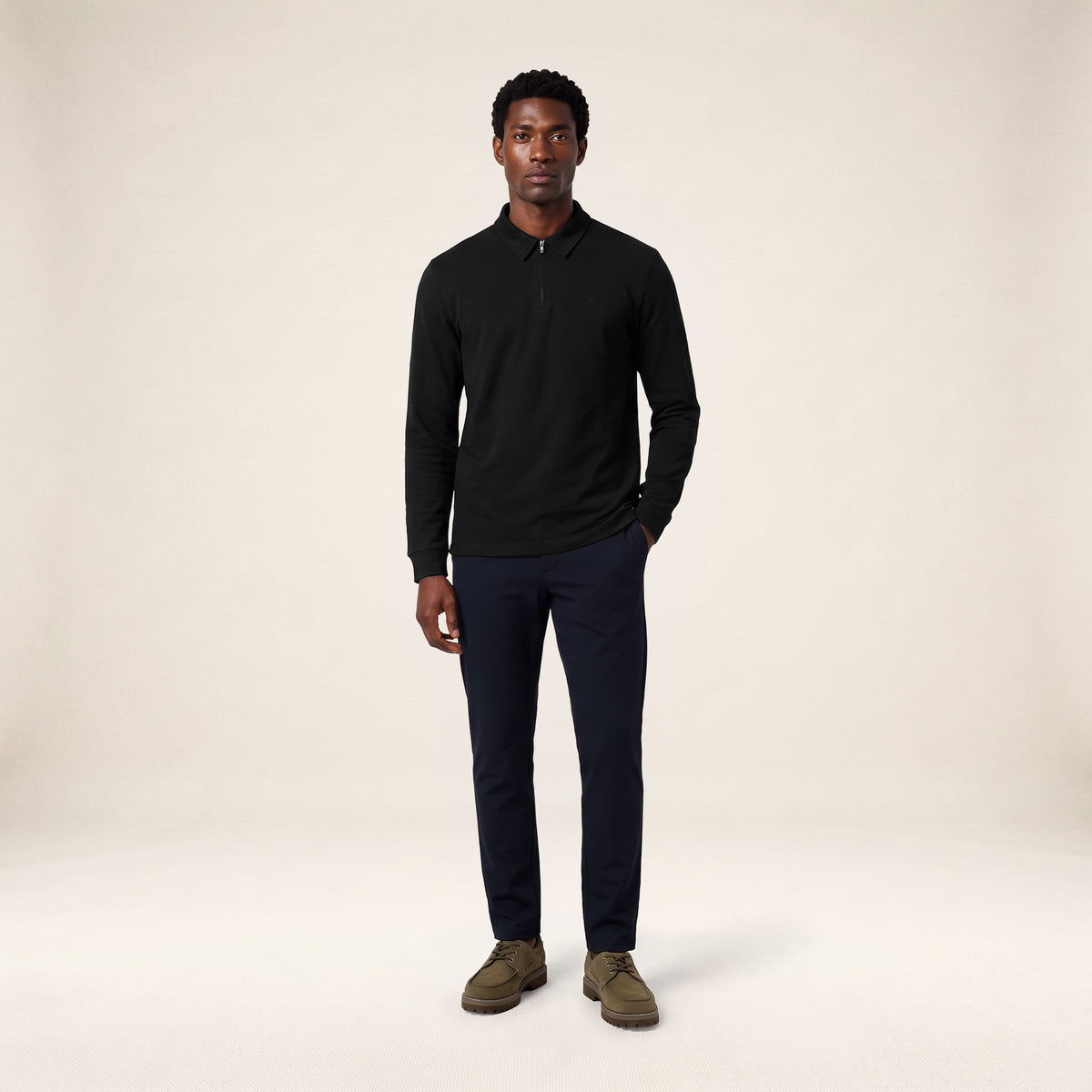 Polo zippé manches longues en coton interlock noir