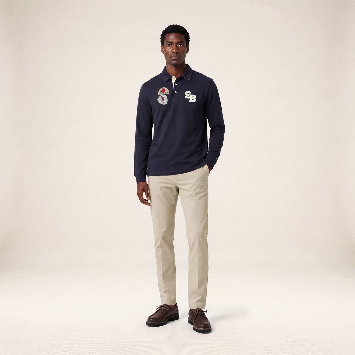 Polo de rugby manches longues badges brodés bleu marine