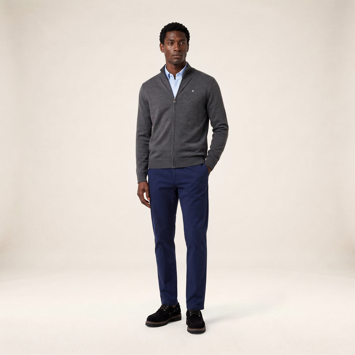 Gilet laine mérinos full zip gris clair chiné Malone