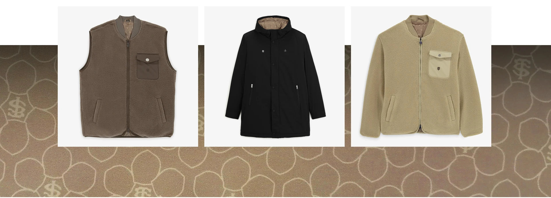 Gilet brun, parka noire et blouson beige sur le motif de doublure aux blasons du Stade Toulousain