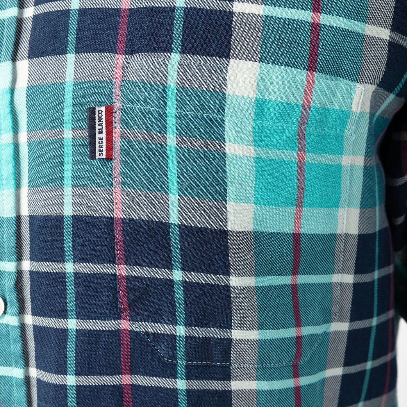 Indigo plaid long-sleeved shirt