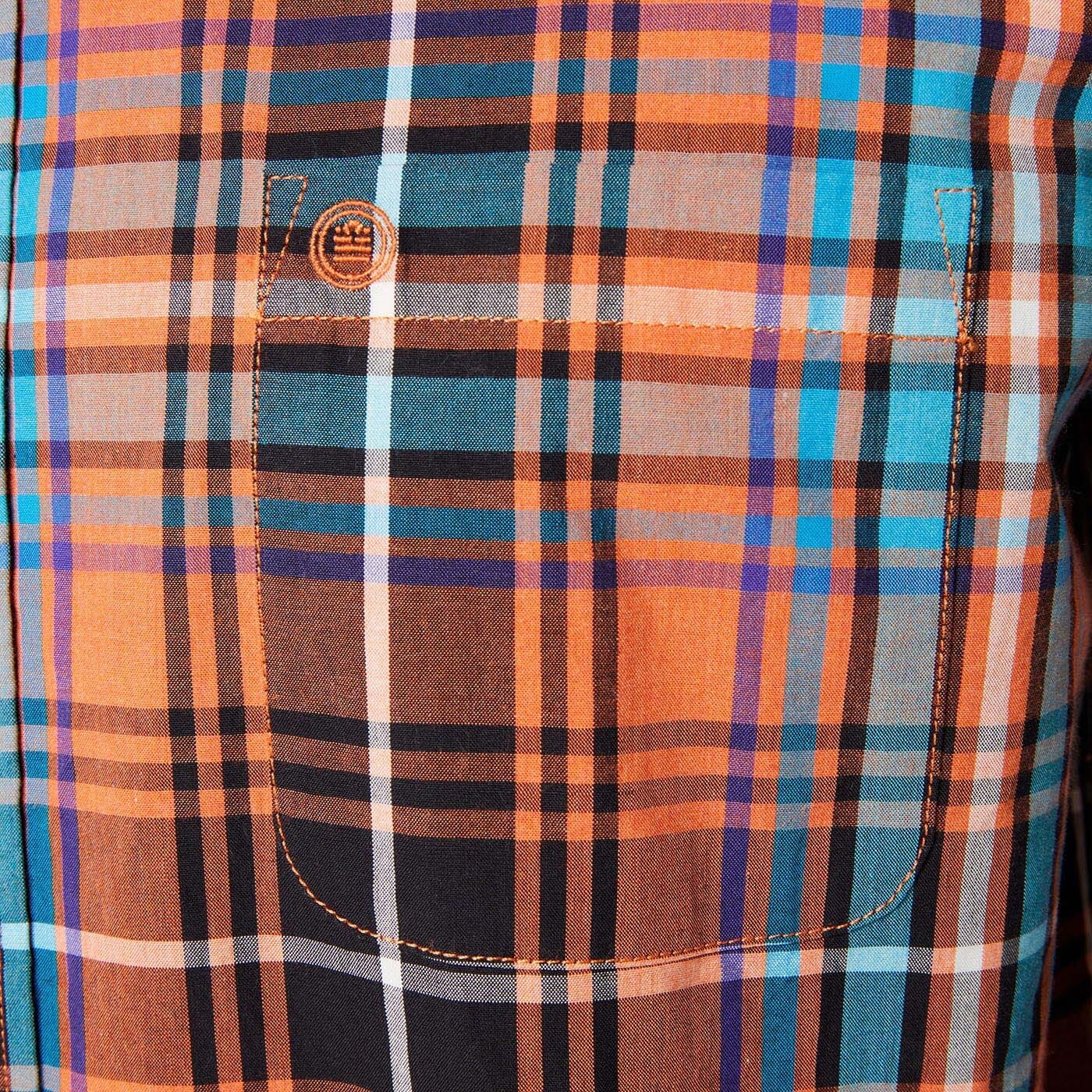 Camisa de manga larga a cuadros naranja ladrillo de algodón para hombre, sarga blanco