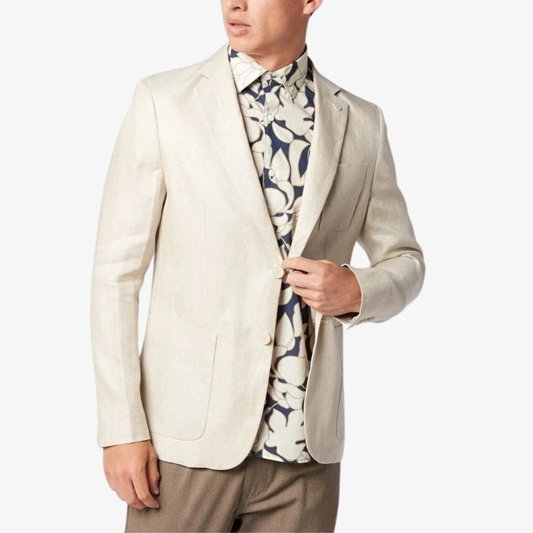 Beigefarbene Leinenjacke mit Fischgrätenmuster