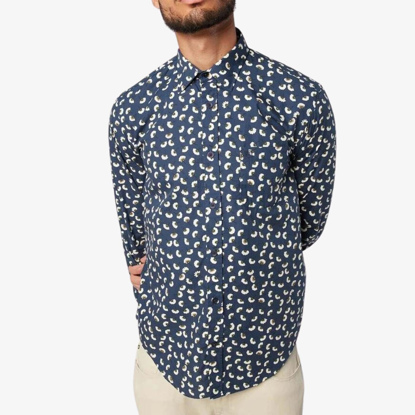 Chemise homme marine à fleurs coupe ajustée