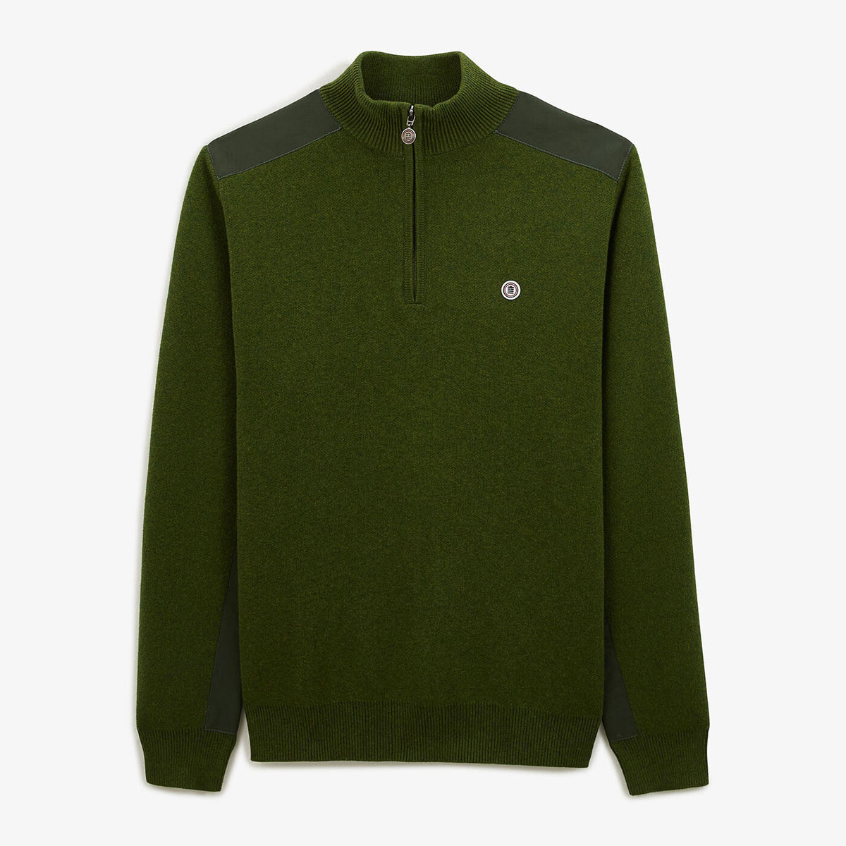 Pull à col zippé vert olive avec patchs en nylon