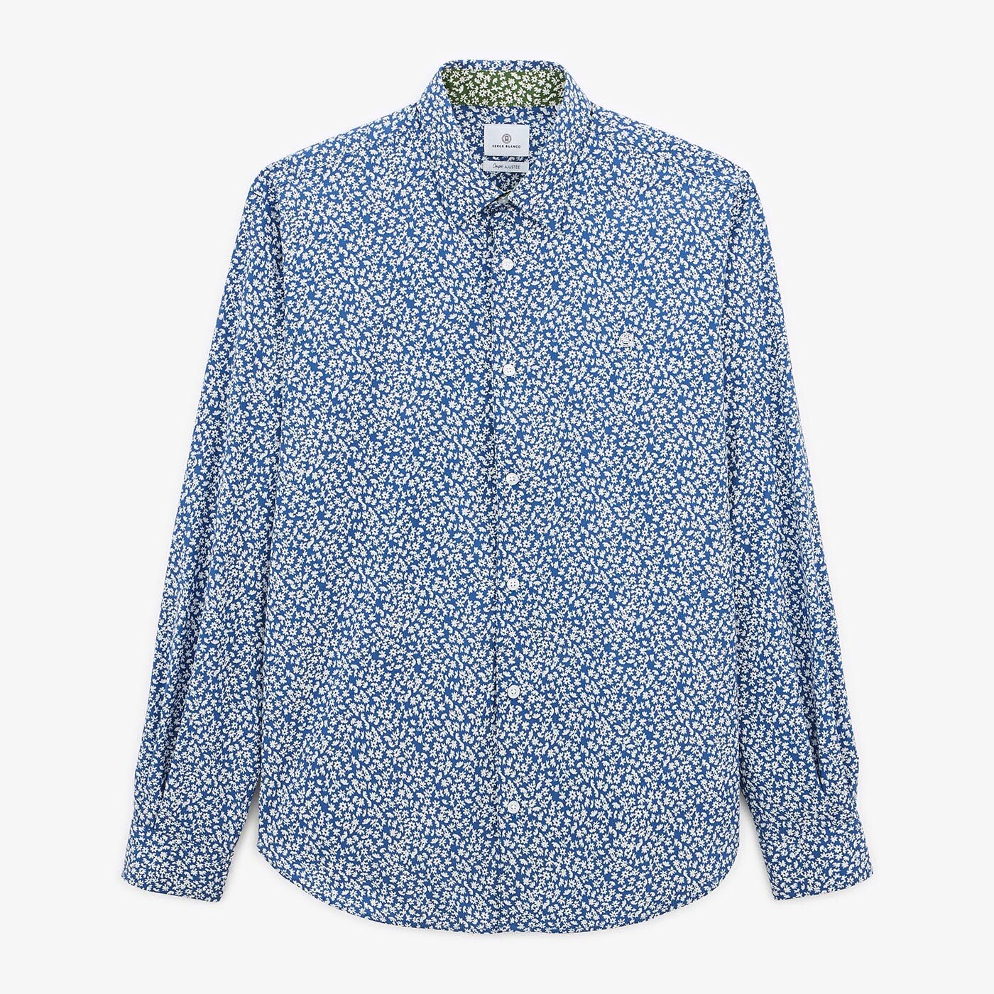 Chemise imprmé floral bleu océan à manches longues en coton