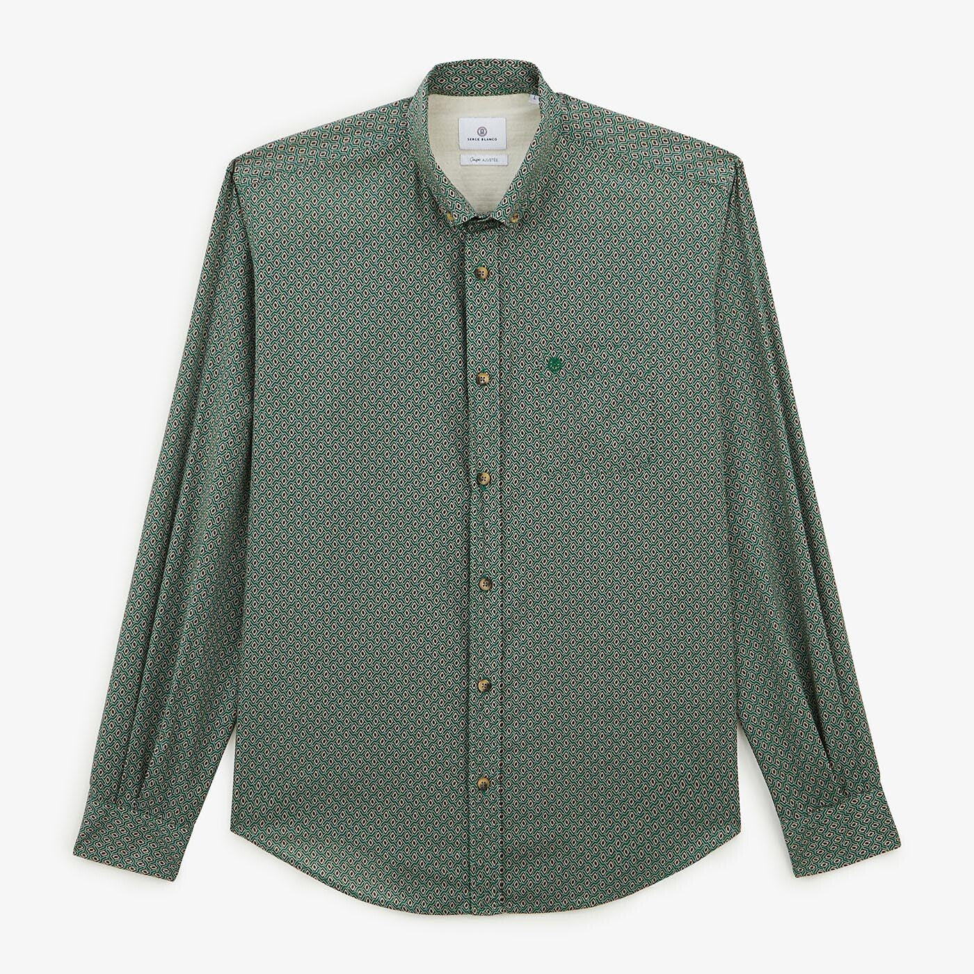 Chemise vert olive à manches longues imprimé géométrique