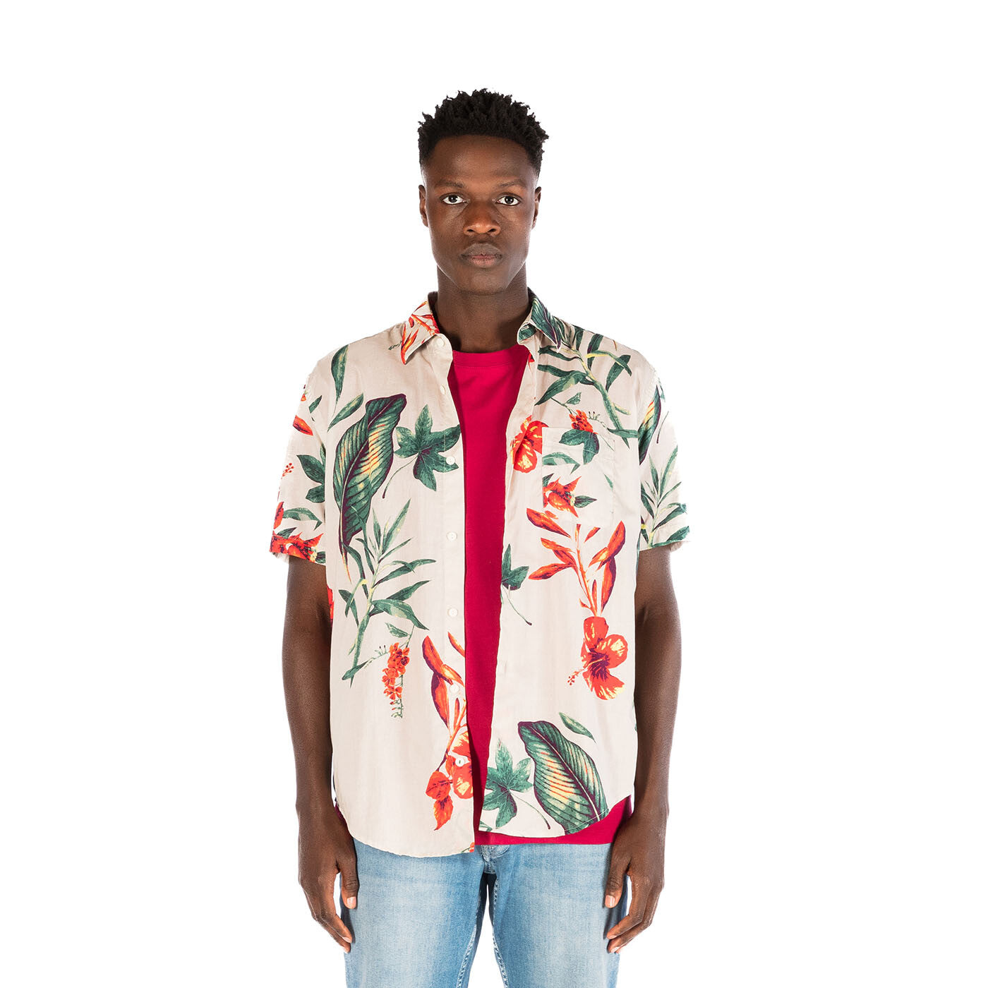 Chemise manches courtes regular écru imprimé hibiscus