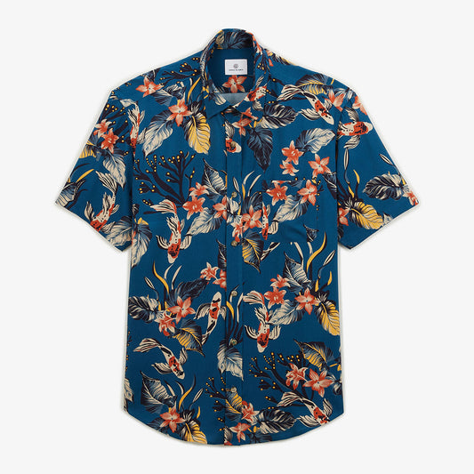 Chemise manches courtes regular azur imprimé corail