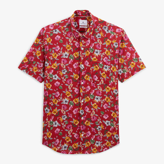 Chemise manches courtes regular rouge imprimé fleurs