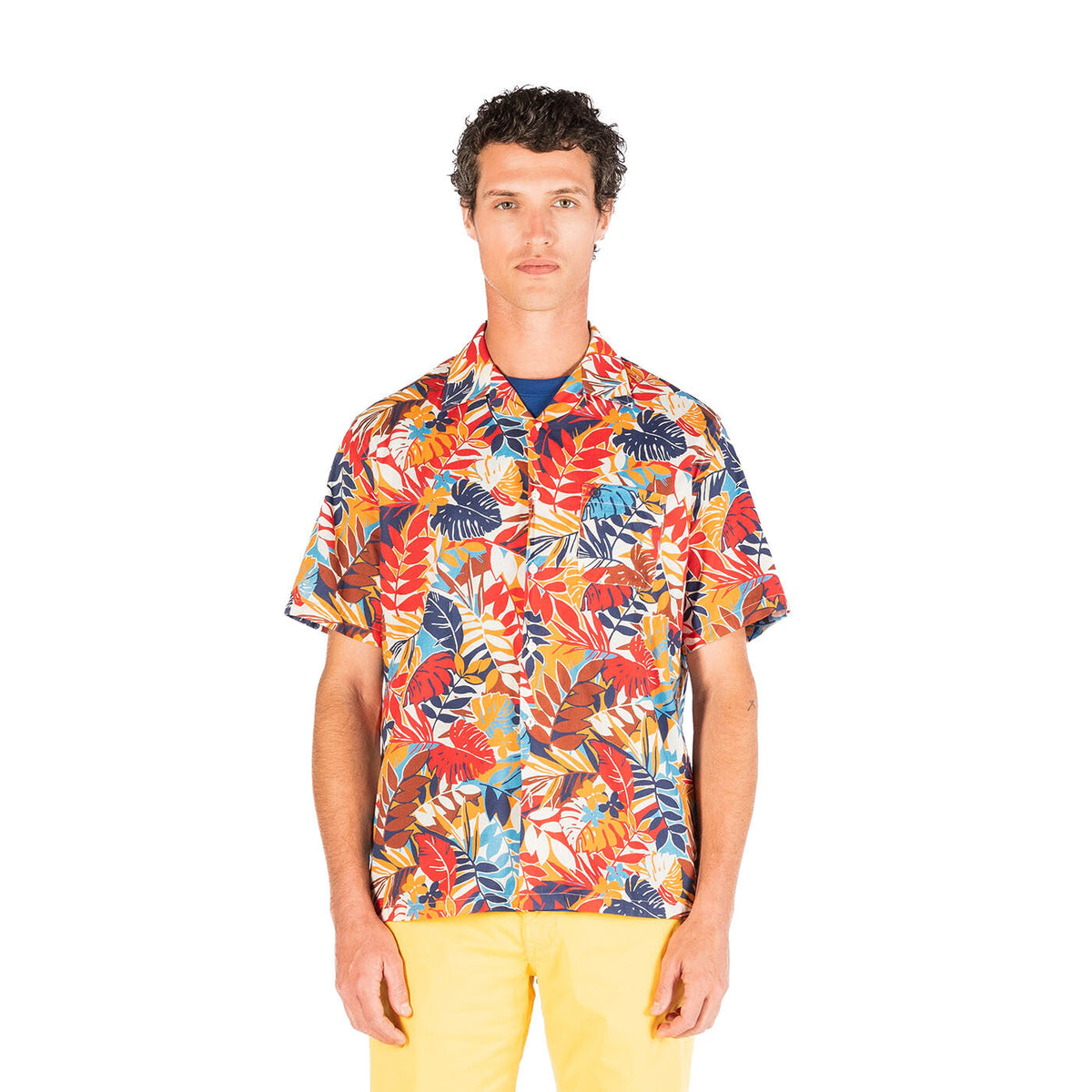 Chemise manches courtes bowling abricot imprimé fantaisie