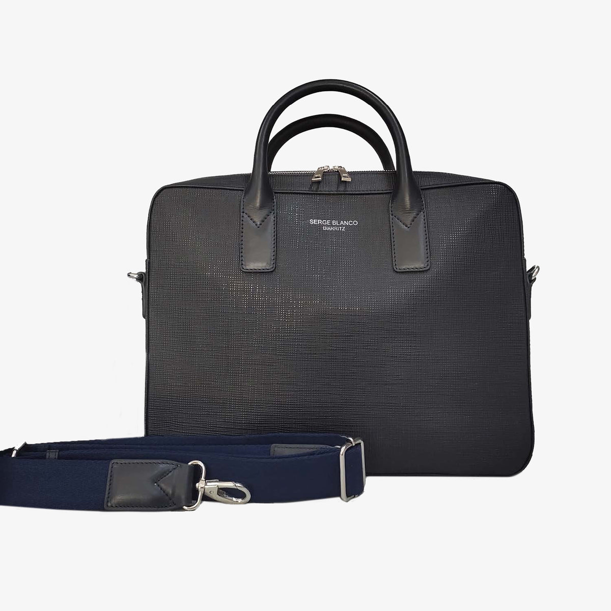 Sac ordinateur 14 pouces en cuir de vachette bleu marine foncé Biarritz