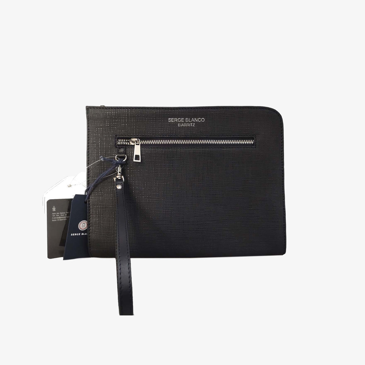 Pochette tablette en cuir et toile canvas bleu marine foncé Biarritz