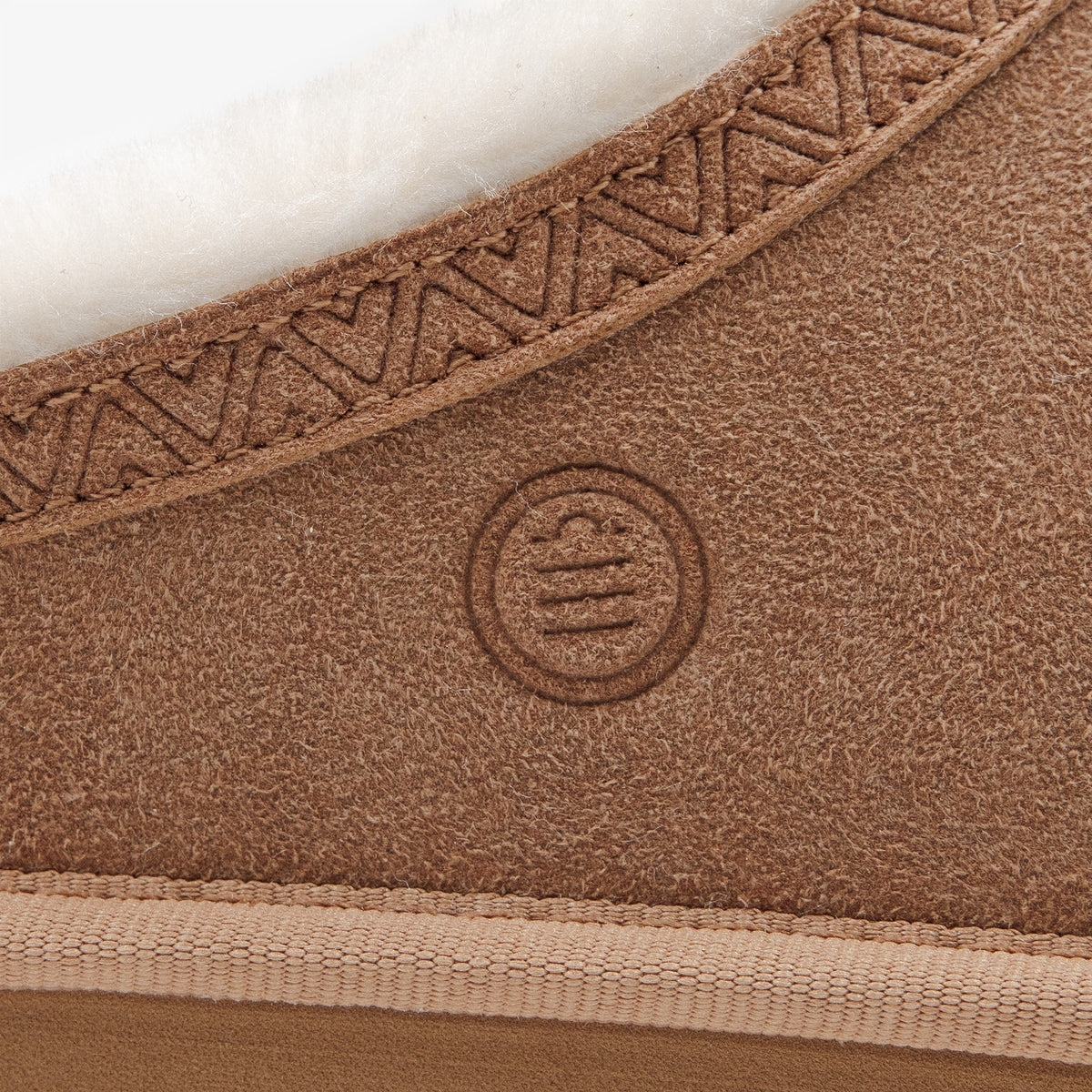 Camel-colored suede-like fur-lined mules