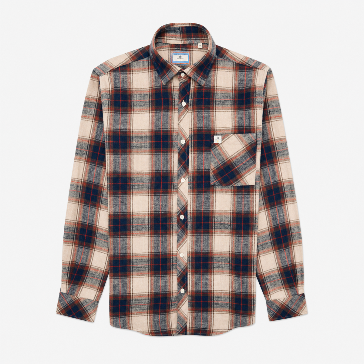 Chemise manches longues coton brushed carreaux beige travertin