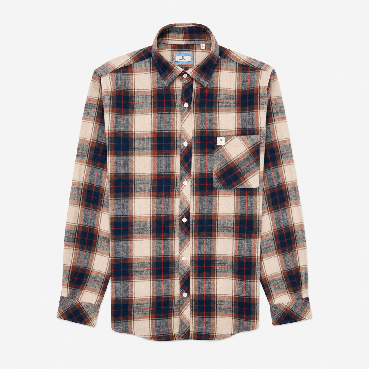 Chemise manches longues coton brushed carreaux beige travertin