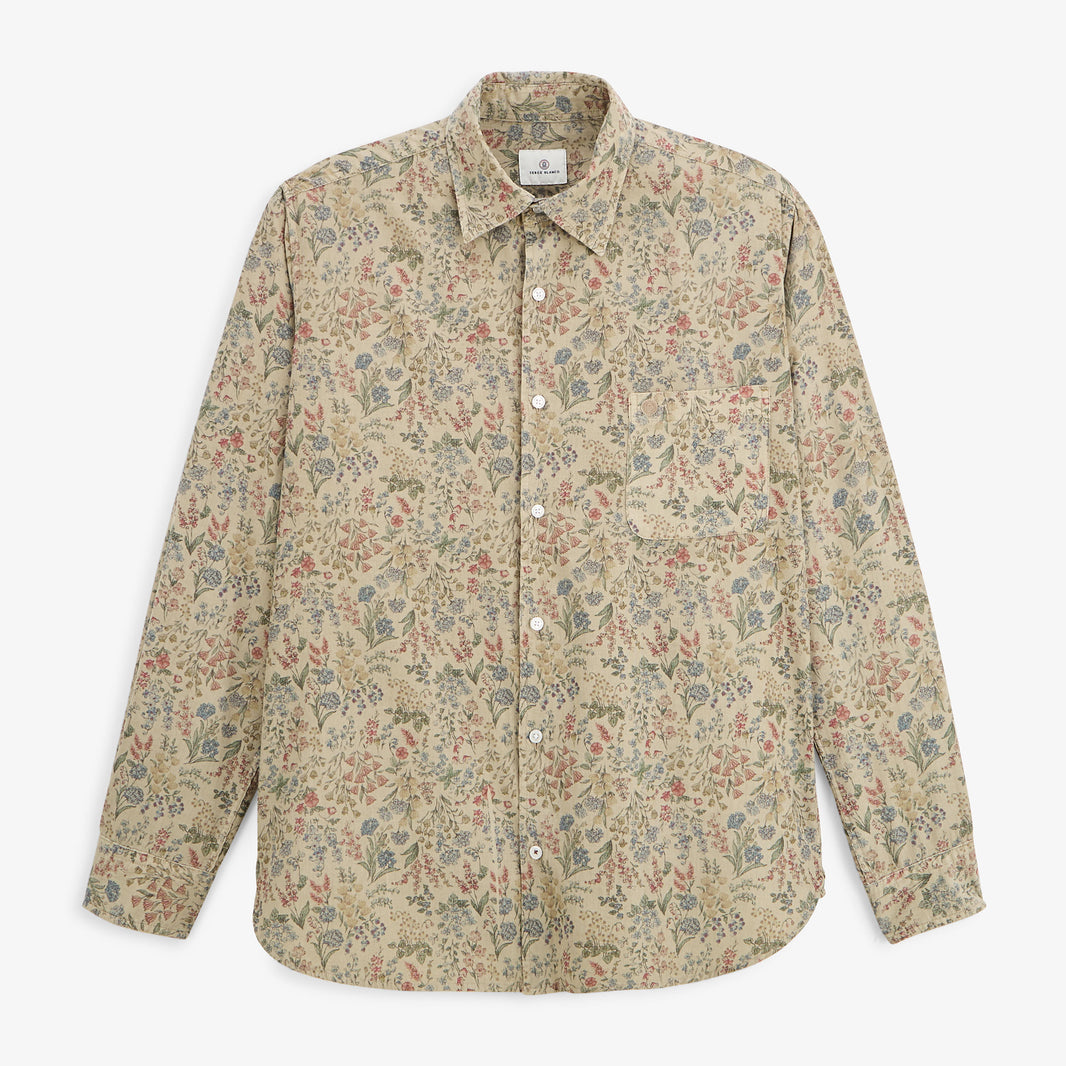 Chemise manches longues velours côtelé floral beige