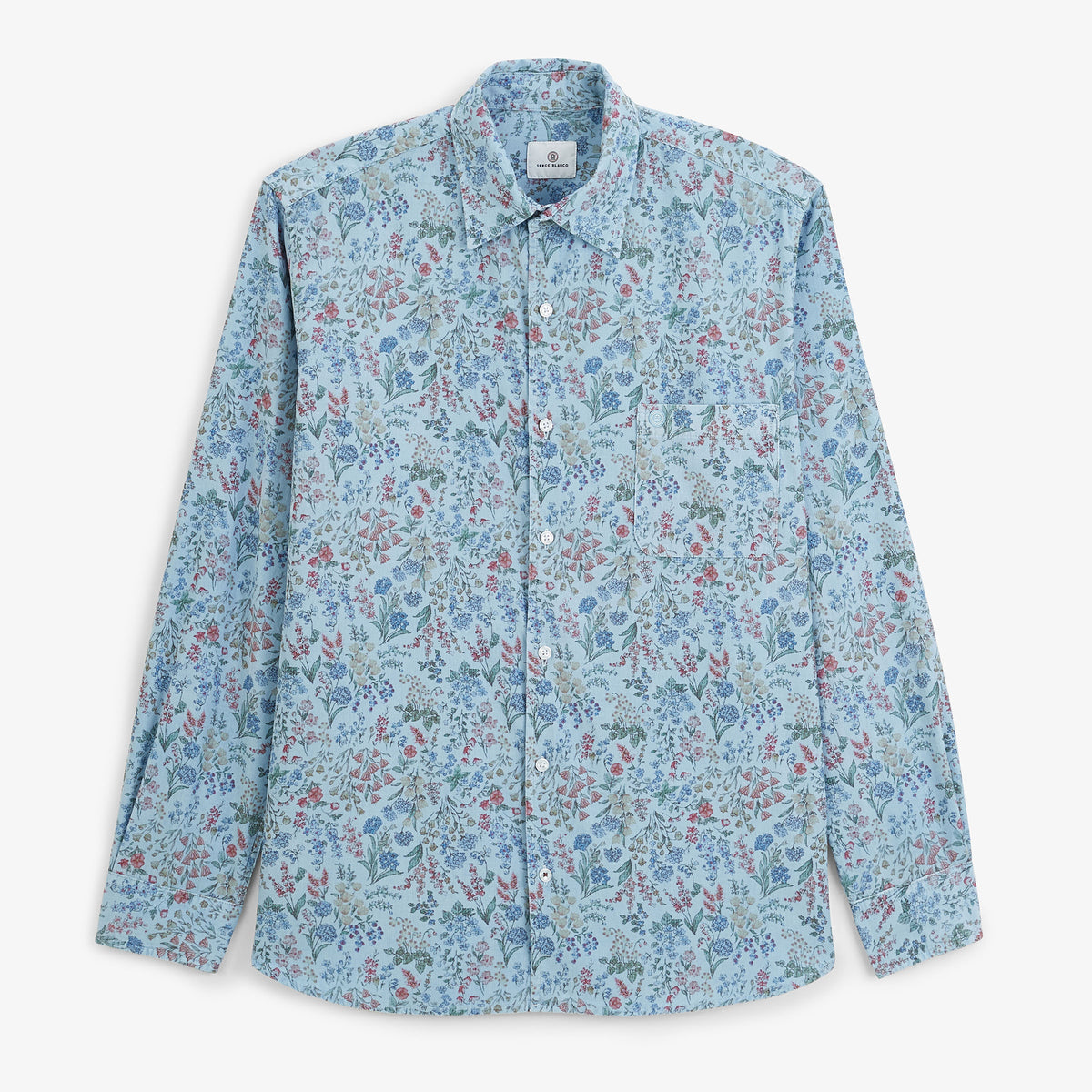 Chemise manches longues velours côtelé floral bleu