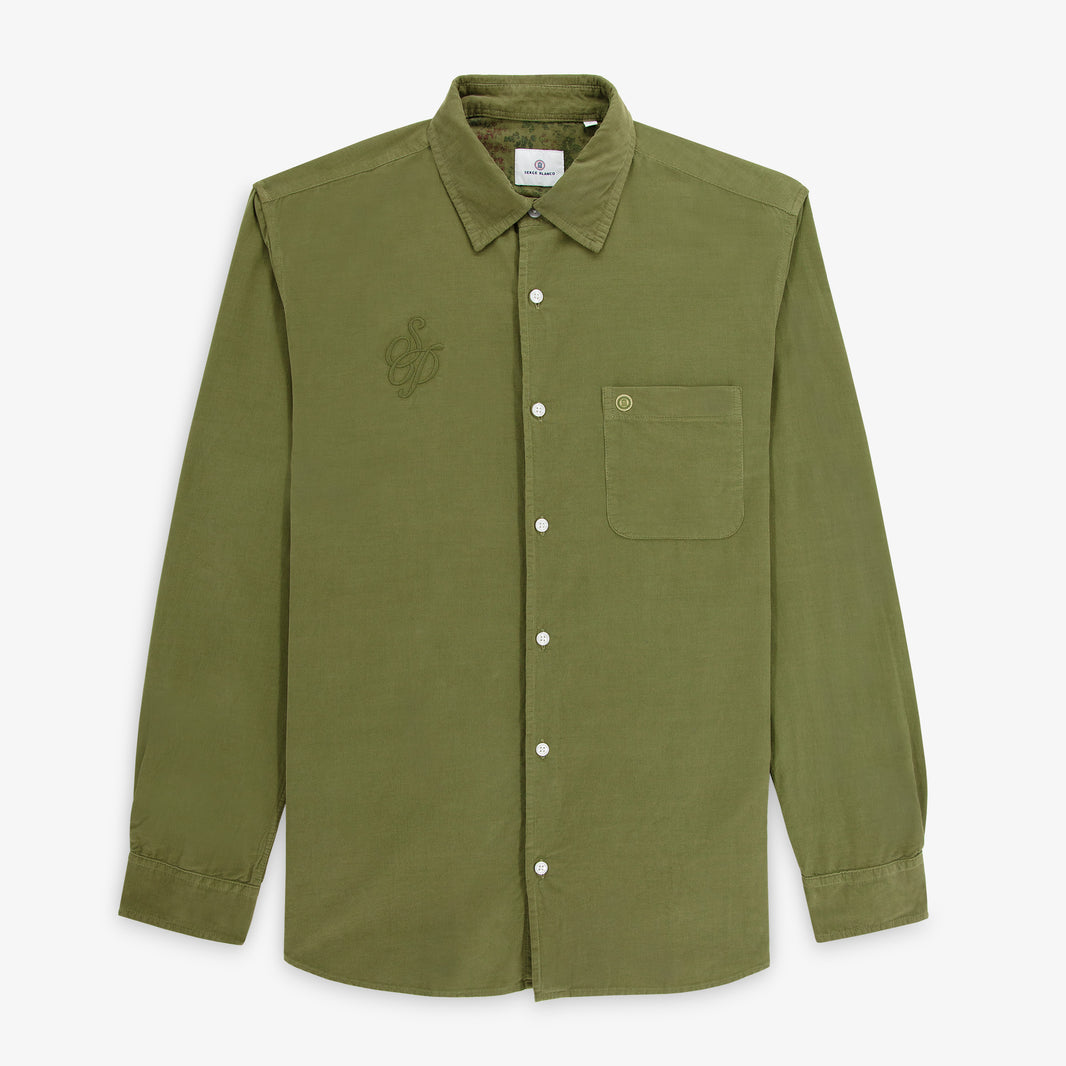 Chemise Charles en velours milleraies vert thym à broderie SP Section Paloise