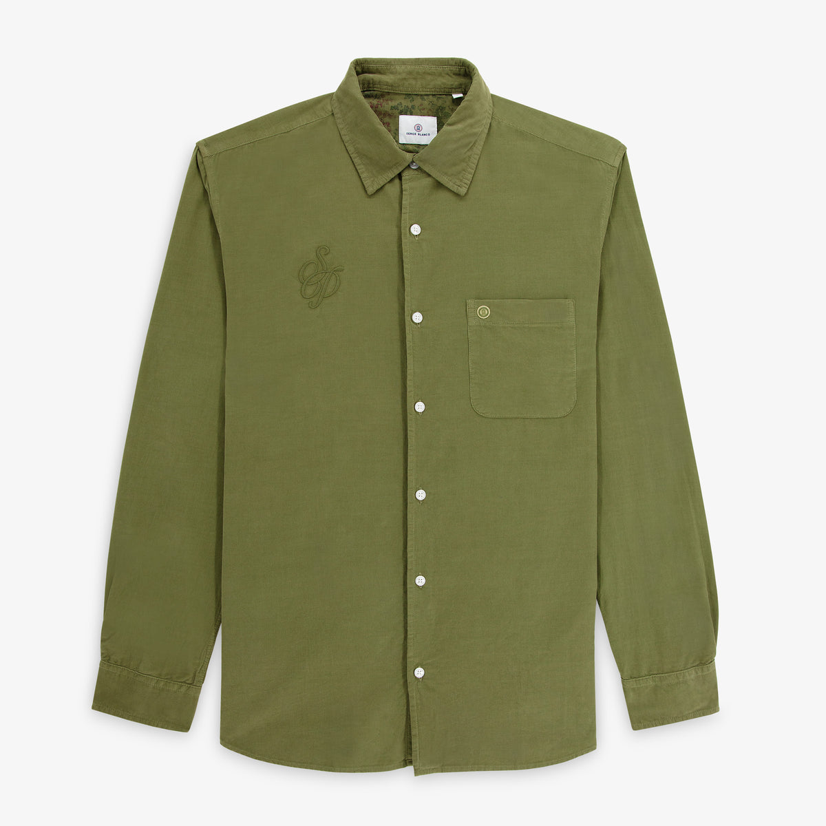 Chemise Charles en velours milleraies vert thym à broderie SP Section Paloise