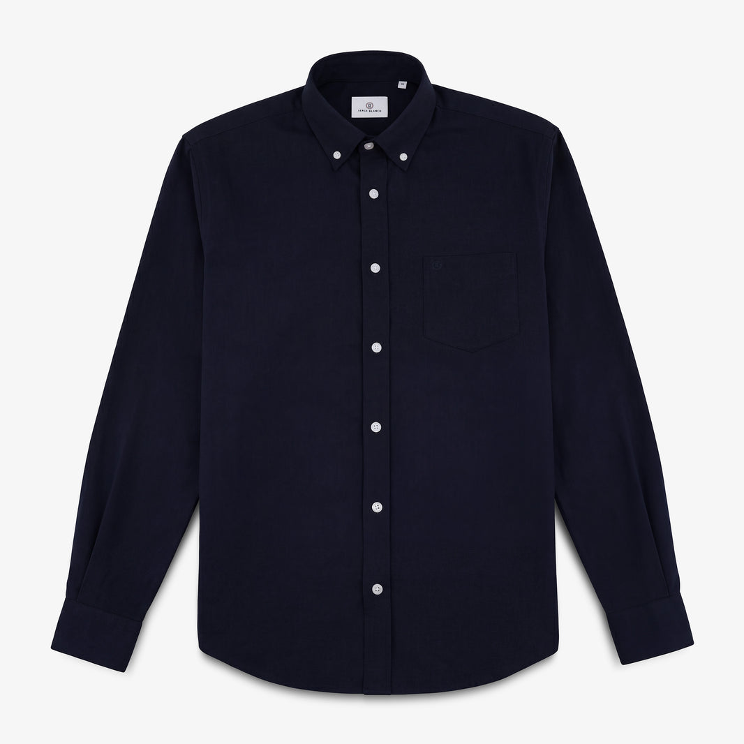 Indigo blue long-sleeve cotton shirt with a chest pocket
