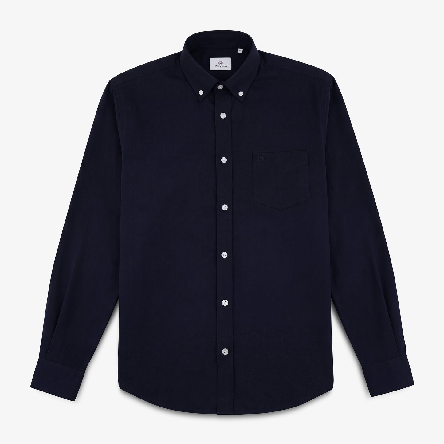Indigo blue long-sleeve cotton shirt with a chest pocket