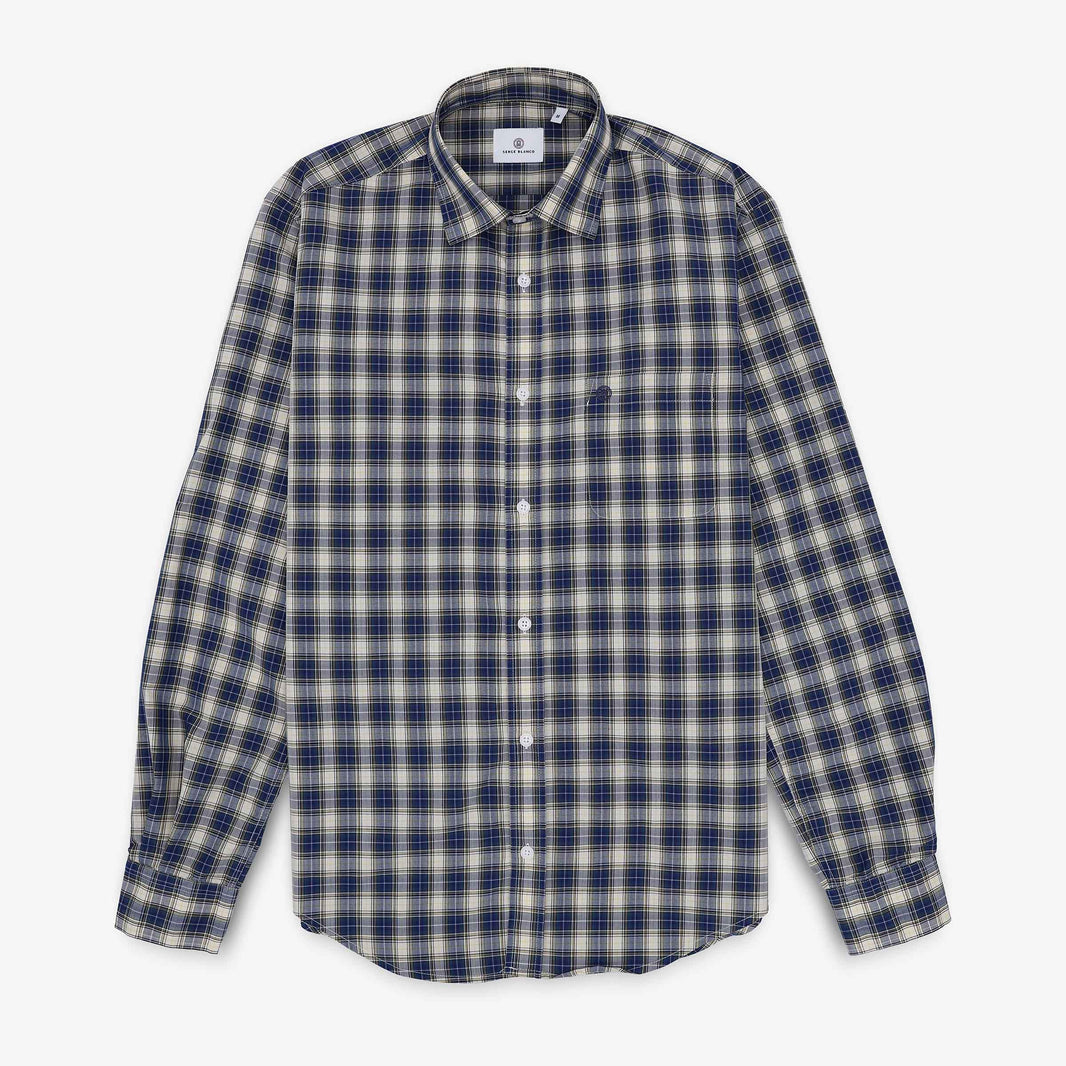Blue and beige long-sleeve cotton checkered shirt