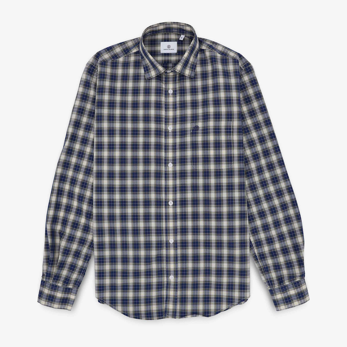 Blue and beige long-sleeve cotton checkered shirt