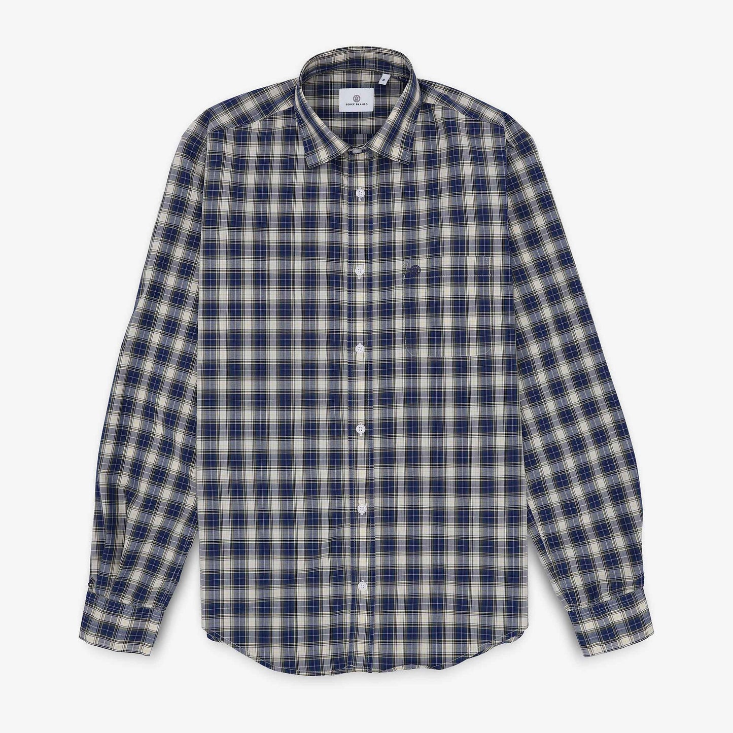 Blue and beige long-sleeve cotton checkered shirt