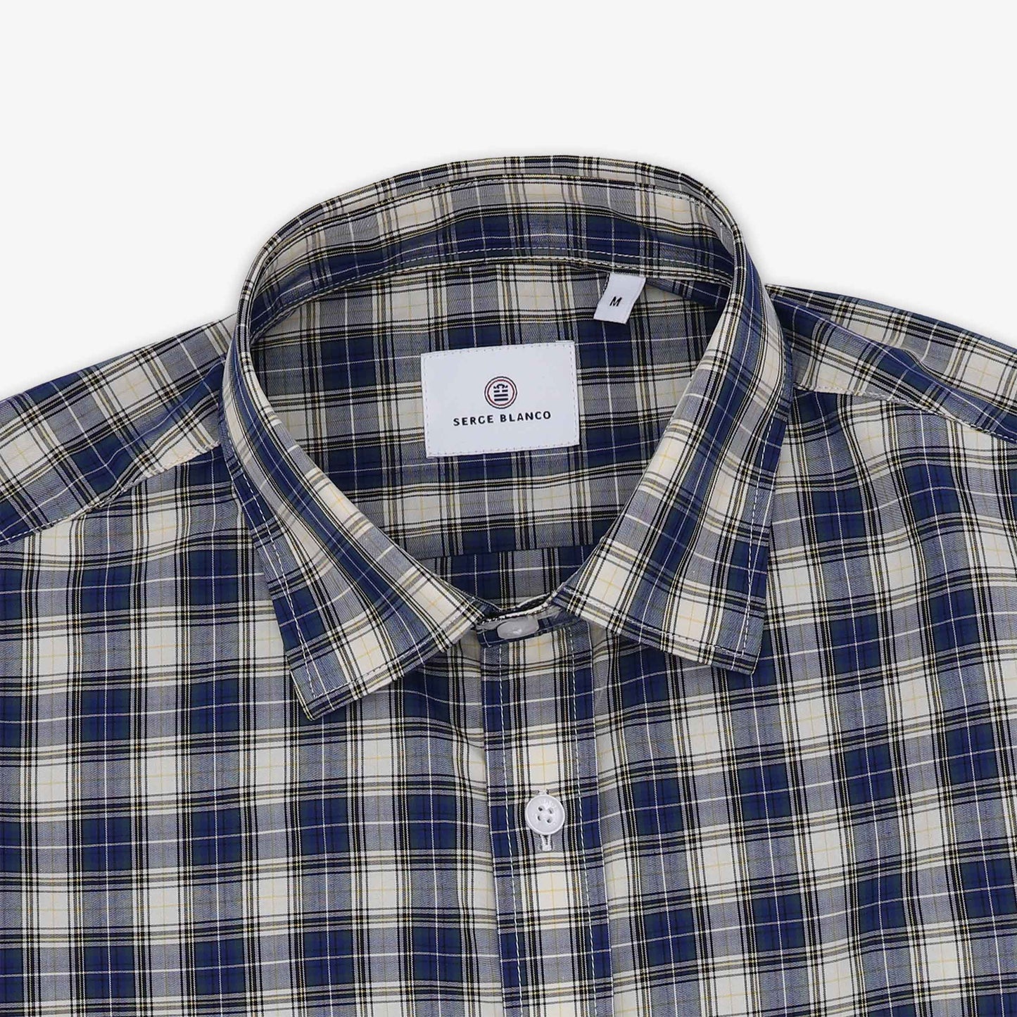 Blue and beige long-sleeve cotton checkered shirt
