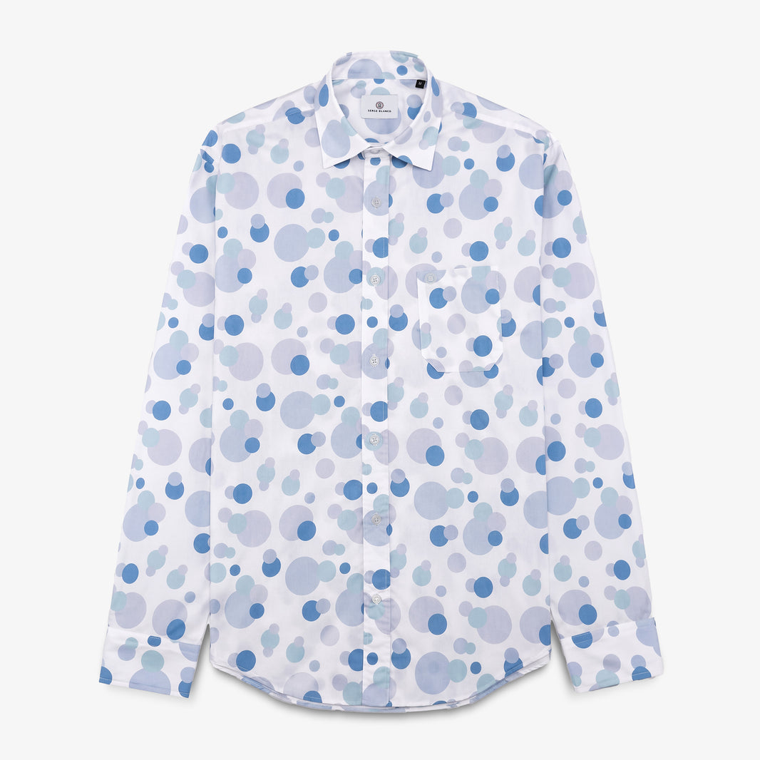 Chemise manches longues en coton blanche avec imprimés boules bleues
