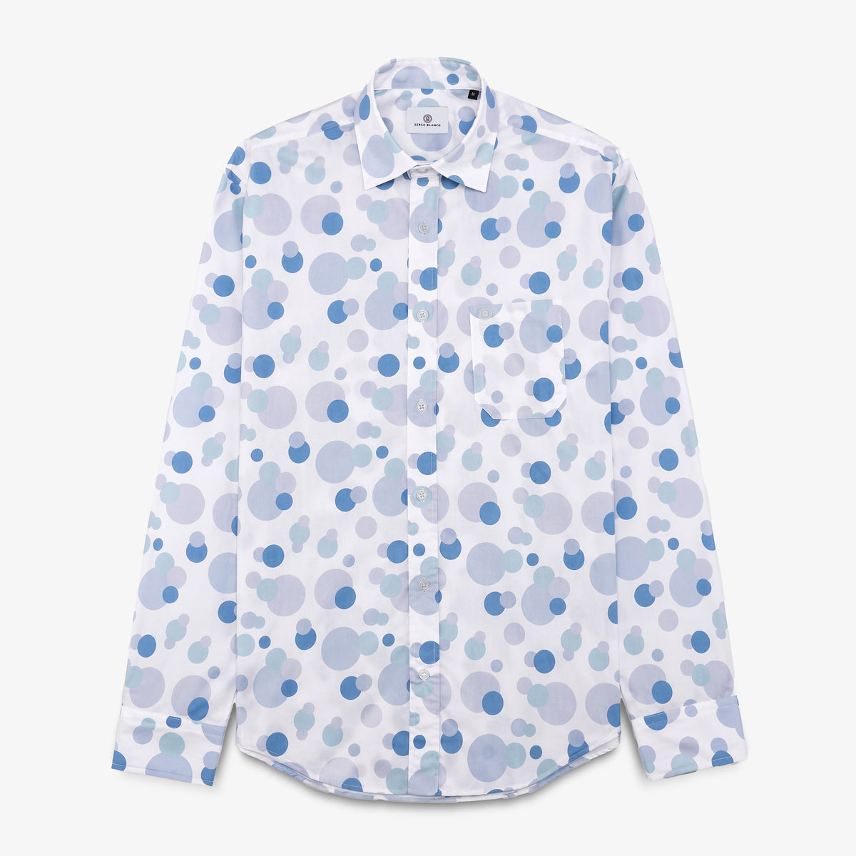 Chemise manches longues en coton blanche avec imprimés boules bleues