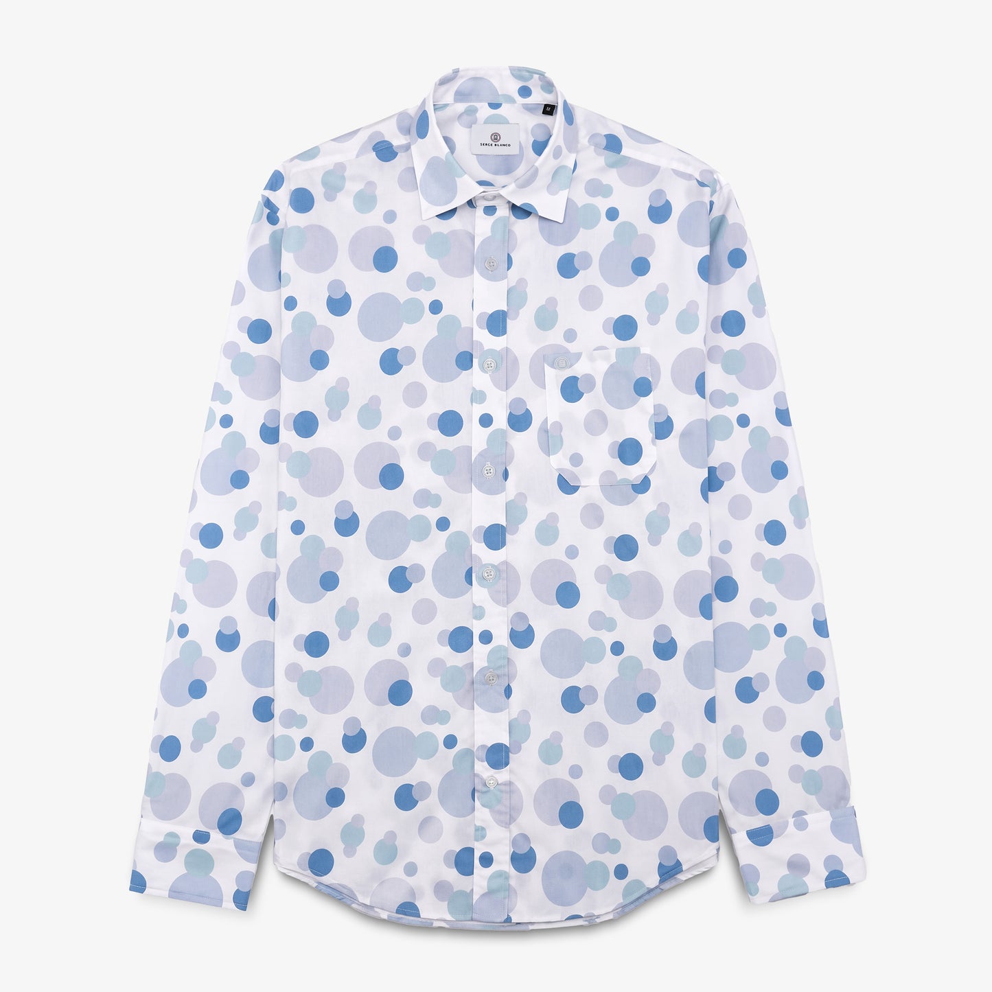 Chemise manches longues en coton blanche avec imprimés boules bleues