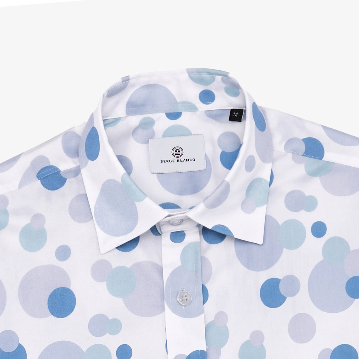 Chemise manches longues en coton blanche avec imprimés boules bleues