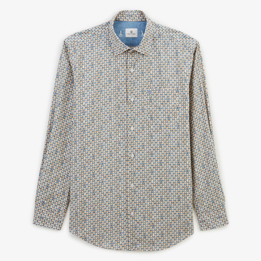 Chemise manches longues coton a motif losanges et pieuvres vert argile HOMME SERGE BLANCO