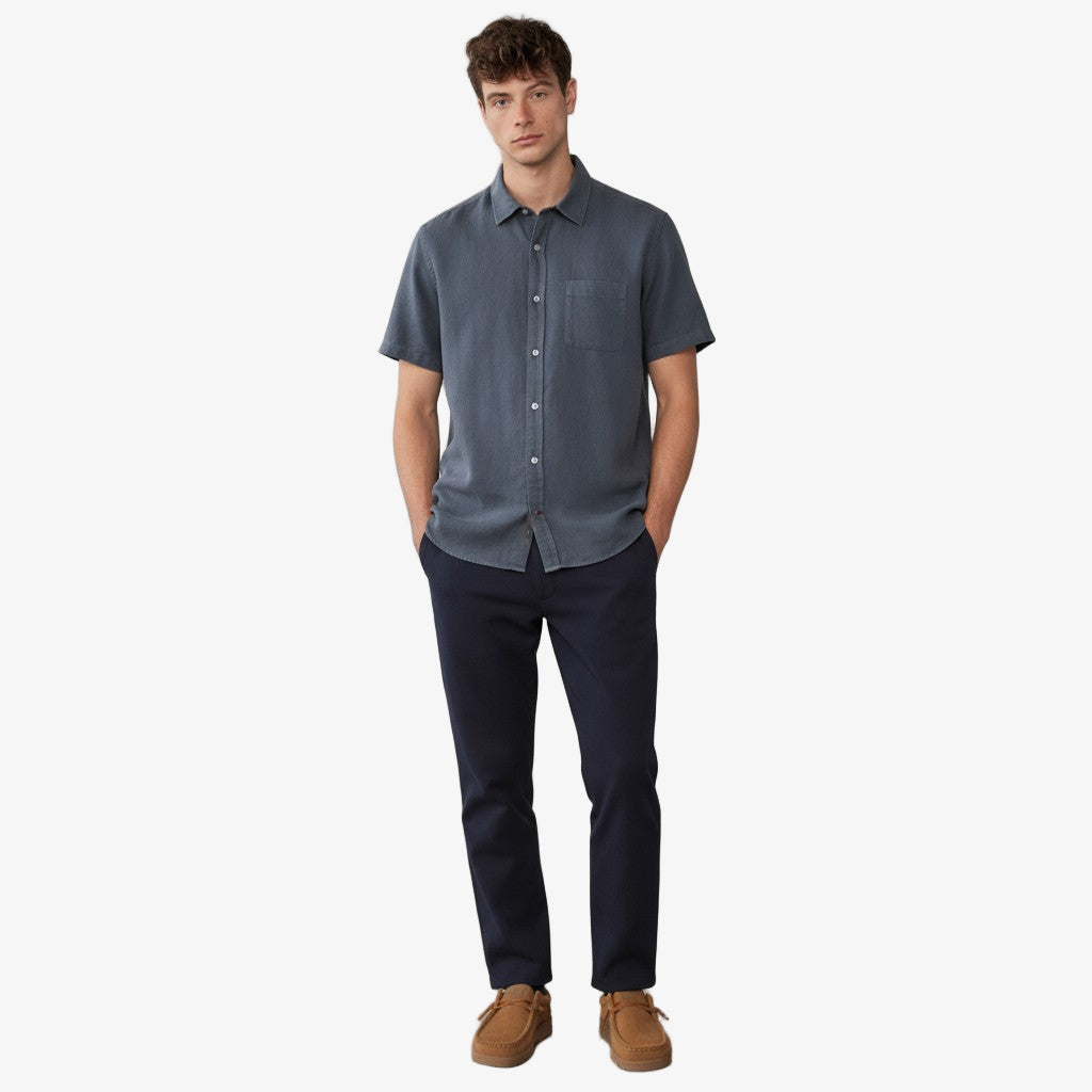 Chemise En Lin Manches Courtes Homme Poche Poitrine Bleu Denim SERGE BLANCO