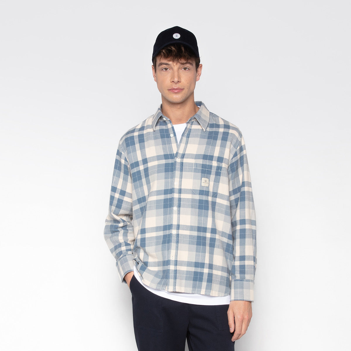 Chemise Manches Longues En Coton A Carreaux Bleue Amsterdam Poche Poitrine Homme SERGE BLANCO