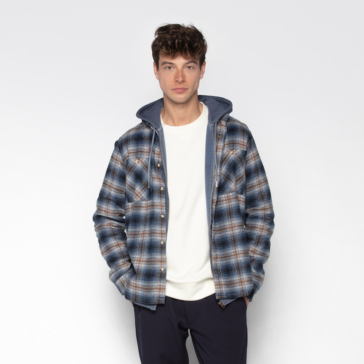 Chemise Manches Longues Flanelle Brossée à Carreaux Bleue Clovis Double Poche Poitrine Homme SERGE BLANCO