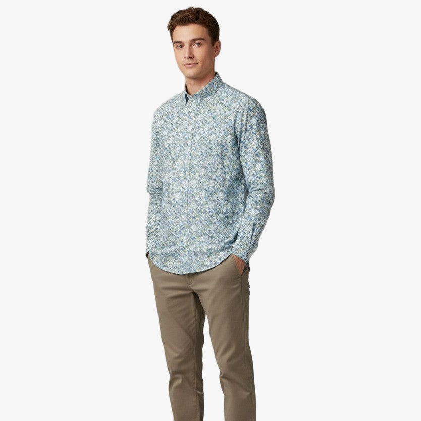 Camicia blu pacifico a maniche lunghe in tessuto a fiori