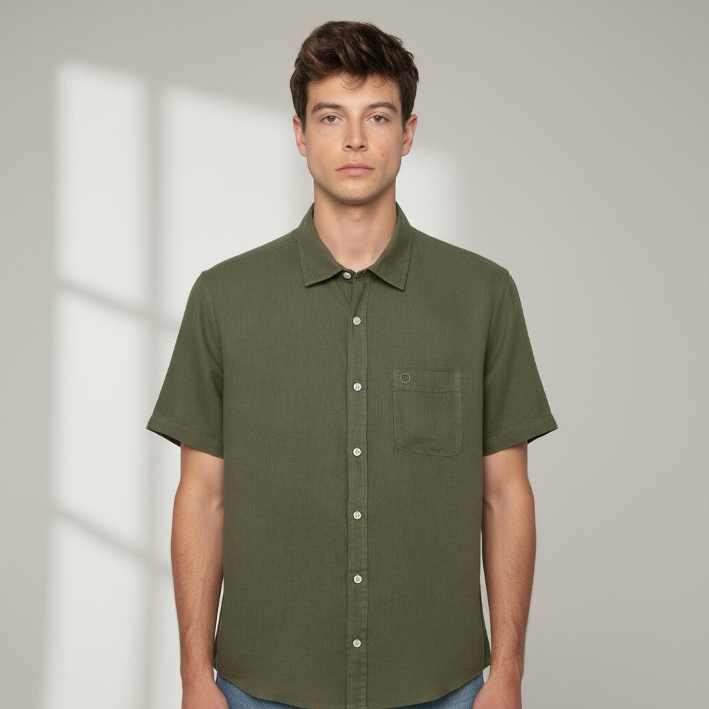 Chemise manches courtes en lin vert avocat homme serge blanco